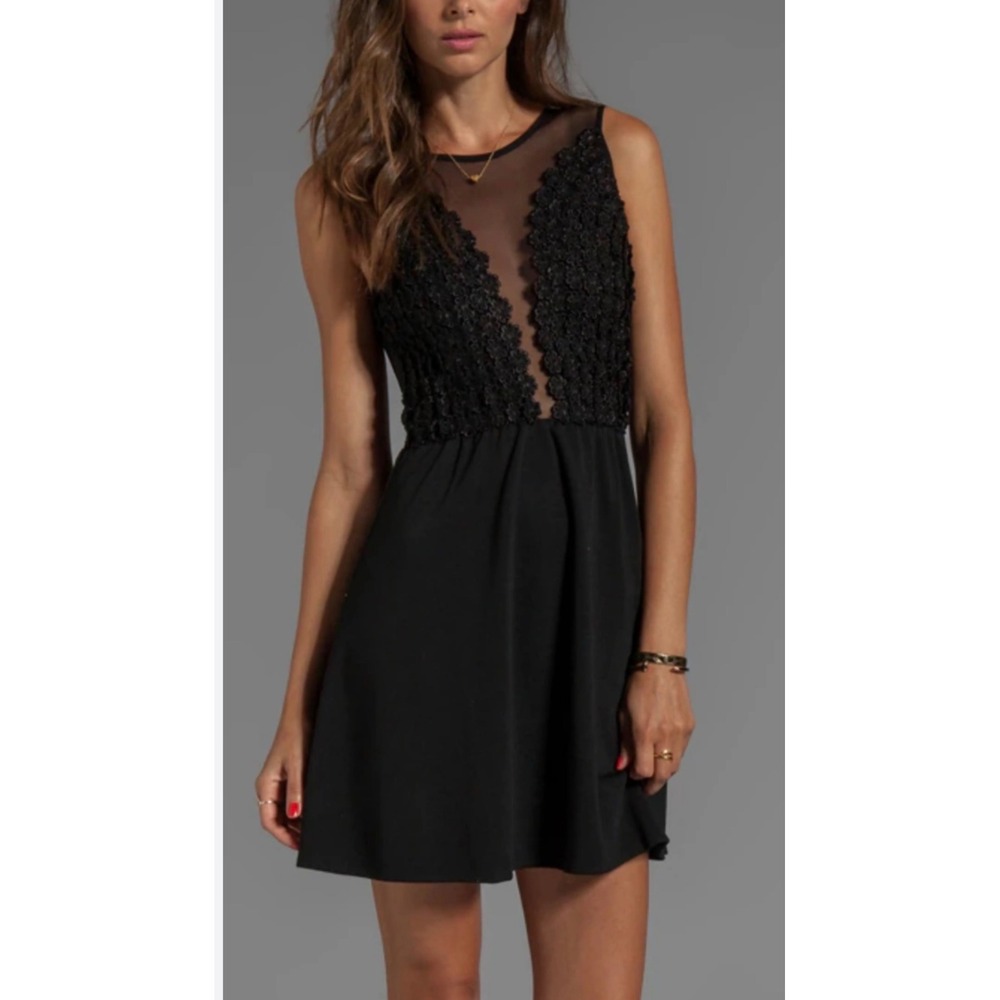 For Love & Lemons Black Sheer Mesh Floral Lace Mini Dress Size M skater daisy